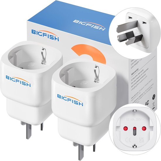 Twee witte BIGFISH reisadapters met Europese naar Type I stekkers. De verpakking is zichtbaar, met gedetailleerde informatie.