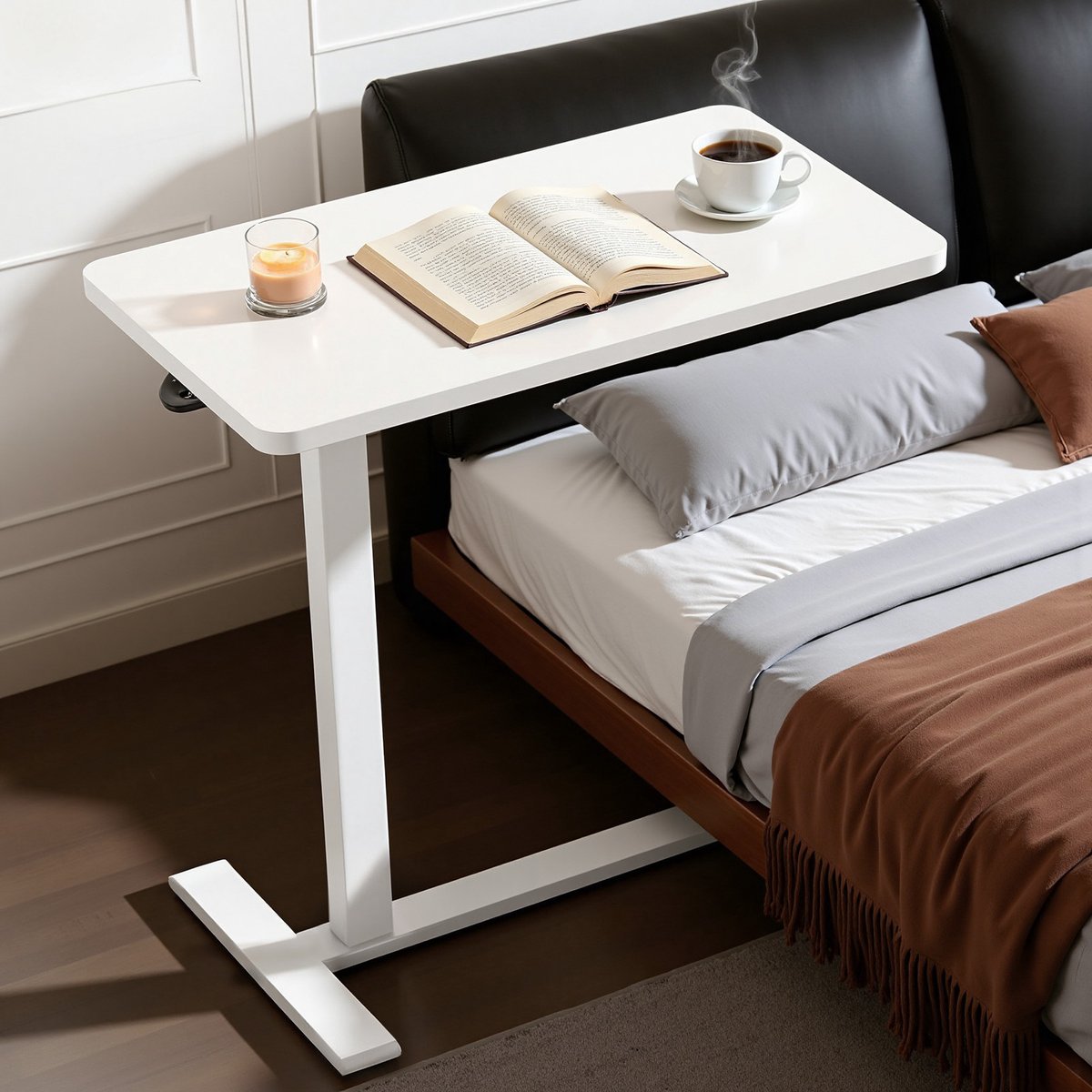 Bijzettafel op Wielen - Laptoptafel, Lemlit Bedtafel en Banktafel Hoogte Verstelbaar 75-110 cm - 70x40 cm - Wit