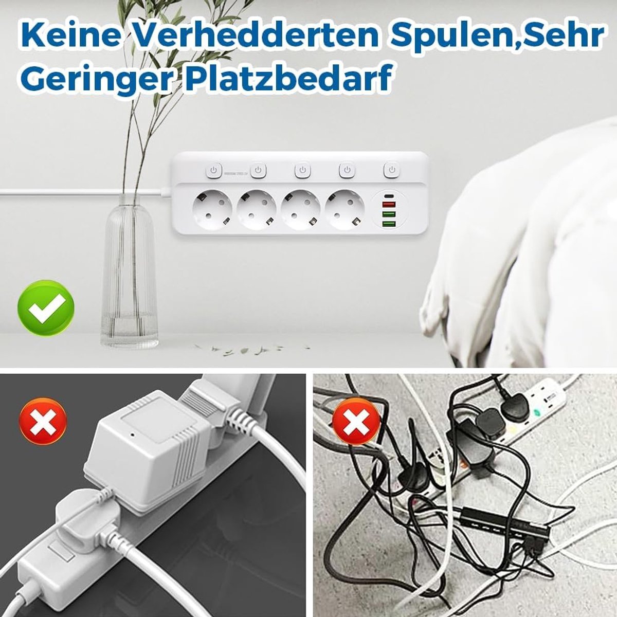 SnelShoppen - 4-Voudige Stekkerdoos met Individuele Schakelaars, 3 USB A & 1 USB C, 2M Verlengsnoer, Overload Beveiliging, Wit voor Thuis, Kantoor, Ho