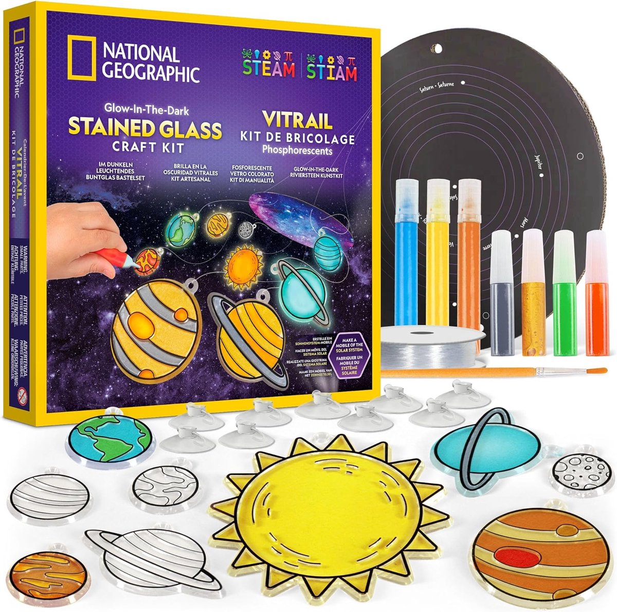 SnelShoppen - Creatieve Kit voor Kinderen - Glanzend Stained Glass Stijl Zonnestelsel met Glow-in-the-Dark Planeten - Hangdecoratie of Raamkunst - Rui