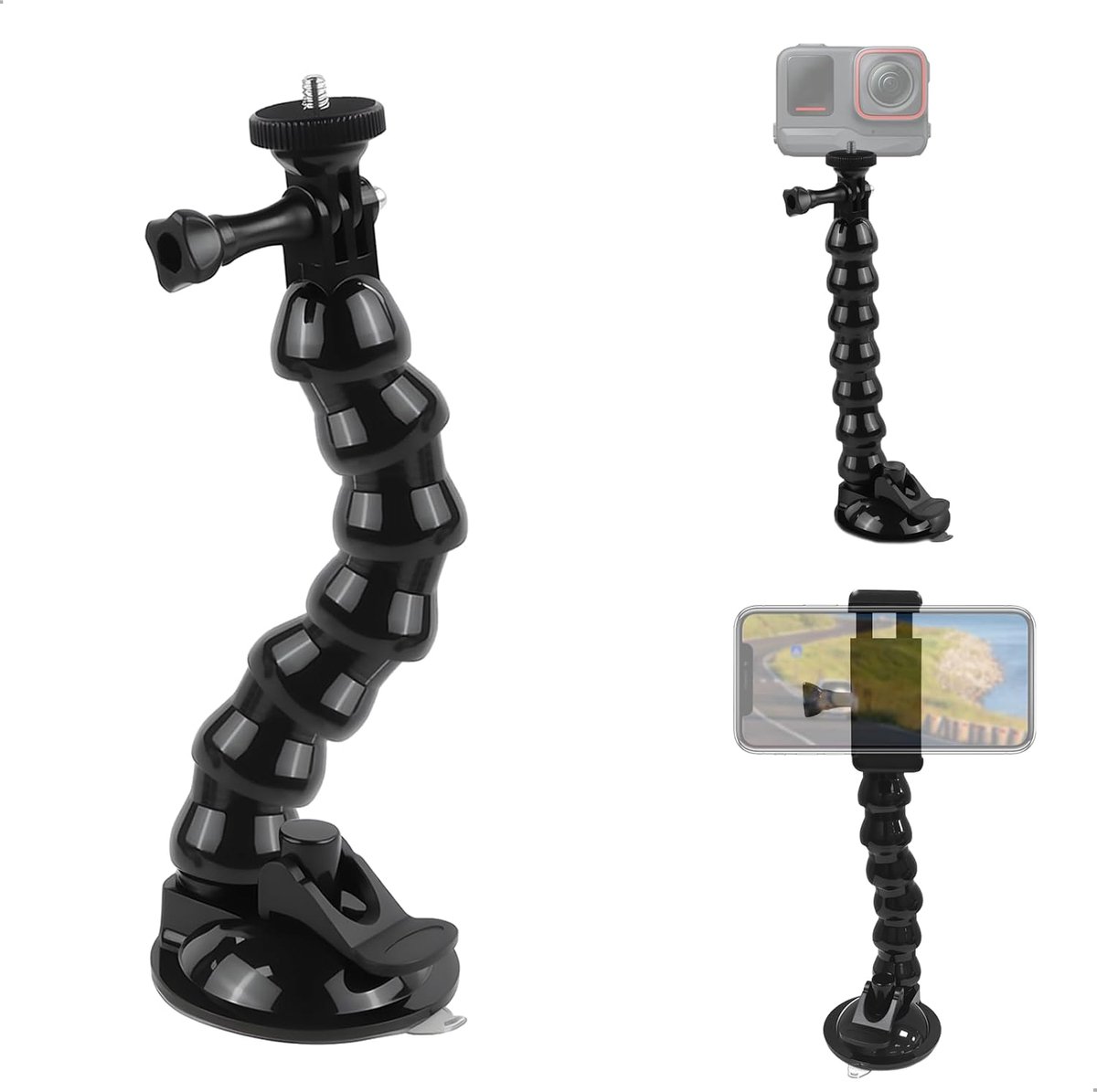 SnelShoppen - Auto Houder met Ventosa de Silicona voor Action Camera 5 Pro 4 3/Pocket 3/Smartphone, 360° Draaibare Bal Hoofd, Sterke Zuignap, Perfect