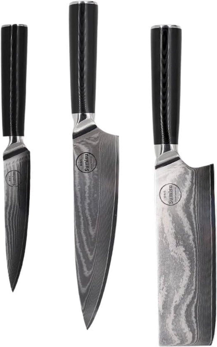 SnelShoppen - 3-delige Japanse messenset - 100% Damaststaal - Luxe geschenkdoos - Zwart - Kiritsuke, Nakiri, Shotoh - Keuken messen voor fijnsnijden e