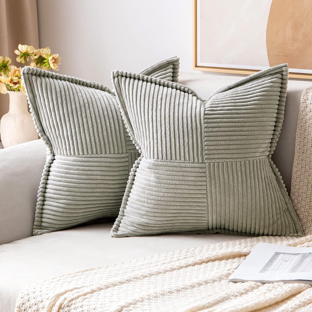 SnelShoppen - Set van 2 Corduroy Kussenhoezen 50x50 cm, Zachte Velours Decoratieve Kussens, Moderne Kussenhoezen voor Woonkamer en Slaapkamer, Lichtgr