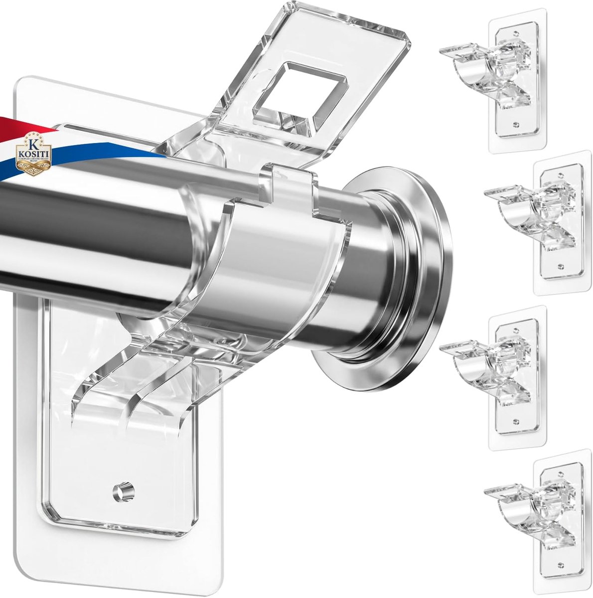 SnelShoppen - Set van 4 Gordijnroedes Zonder Boren - Transparante Gordijnsteunen met Schroeven en Plugs - Voor Roden Ø1,3-3cm - Draagkracht 8kg per Pa
