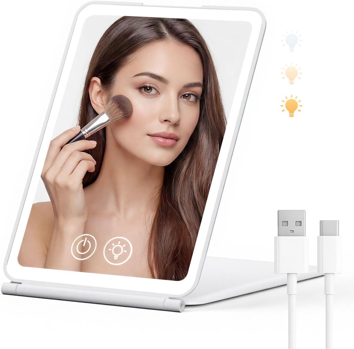 SnelShoppen - LED Make-up Spiegel met Verlichting, Oplaadbare Cosmetische Spiegel, 3 Lichtkleuren, Traploos Dimbaar, Touchbediening, Draaibare Tafelsp