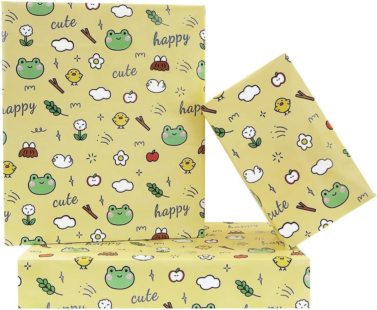 SnelShoppen - Schattig Frosken Cadeaupapier voor Kinderen - 4 Vouwbladen Geel met Kikker, Madeliefje & Appel Design - 50x70cm - Perfect voor Verjaarda