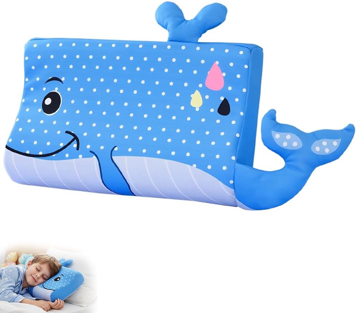 SnelShoppen - Kindercushion 45x27 cm Ergonomisch Kussen voor Kinderen, Ademend, Schattige Dieren, Huidvriendelijk, Gezond Slapen, Blauw