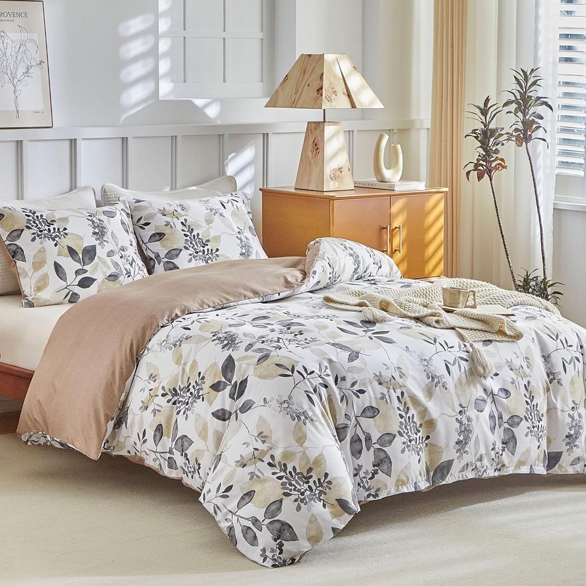 SnelShoppen - Duvet Cover 220 x 240 cm met 2 Kussenslopen 65 x 65 cm - Herfstblad Patroon - Microvezel Dekbedovertrek met Ritsen in Khaki