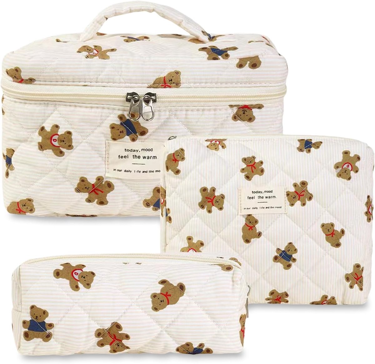 SnelShoppen - 3-delige Coquette Make-up Tas Set, Gequilt Cosmestic Bag voor Vrouwen, Bloemige Katoenen Toilettas, Grote Capaciteit, Aesthetische Toile