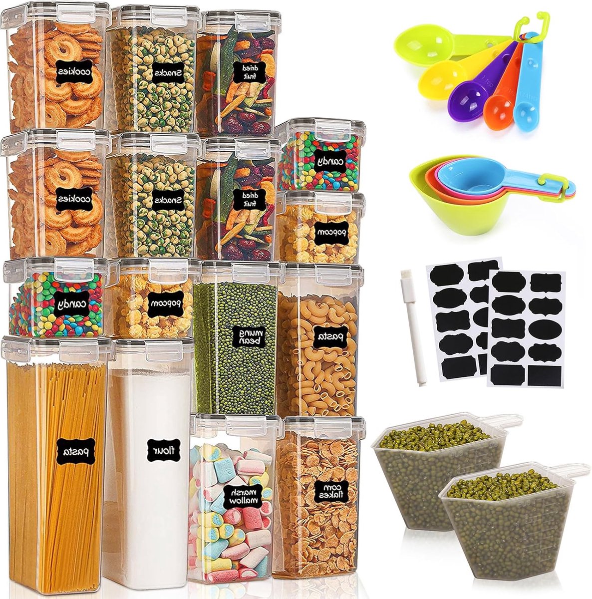 SnelShoppen - 16-delige Opbergdozen en Potten Set, BPA-vrij, Luchtdicht, Ideaal voor Pasta, Muesli, Rijst, Bloem, met Labels en Lepels, Keuken Organis