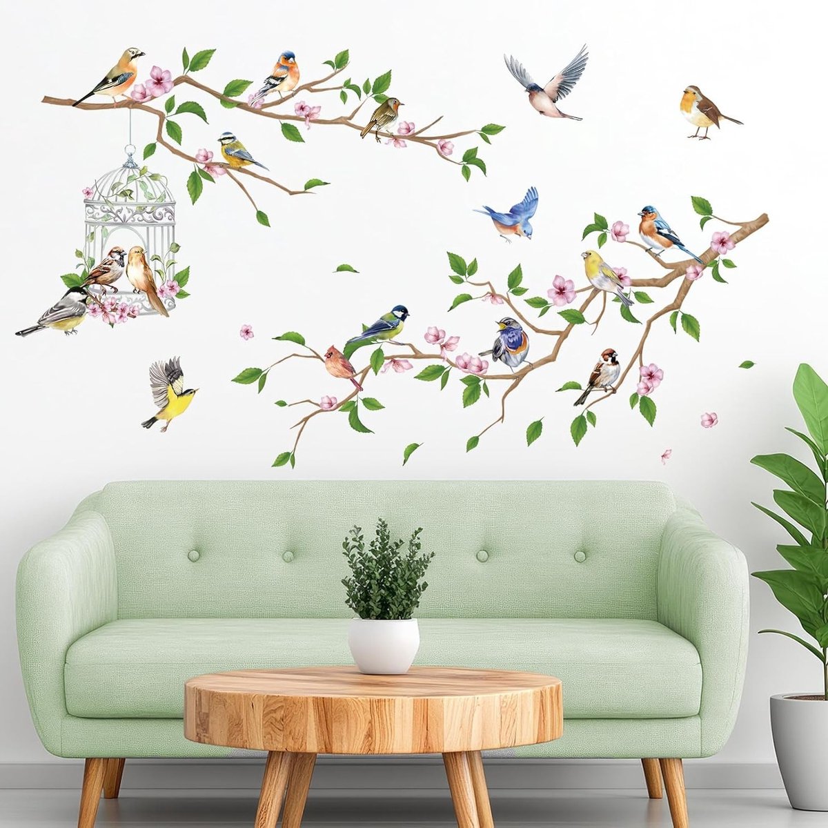 Thema Muurstickers voor de Tuin, Vogels op Takken met Bloemen, Decoratieve Muurdecoratie voor Woonkamer en Slaapkamer, Verwijderbare Wanddecoratie