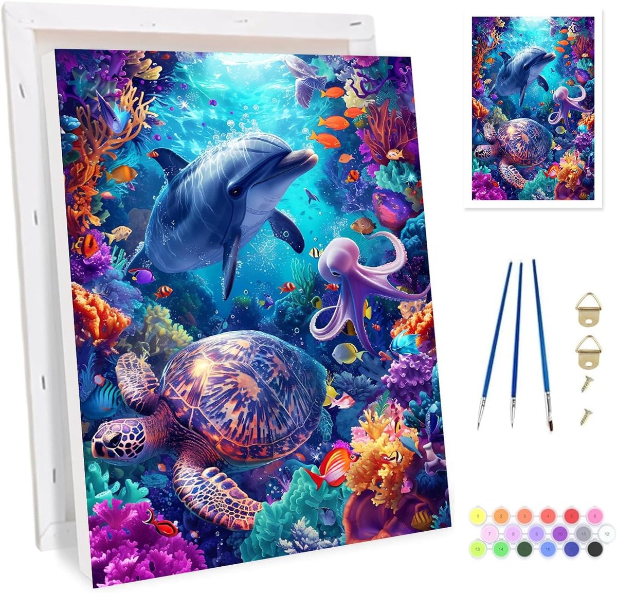 SnelShoppen - Paint by Numbers Set voor Volwassenen - Zee Schildpadden en Dolfijnen - DIY Schilderen op Canvas Kit voor Beginners met Acrylverf, 3 Pen