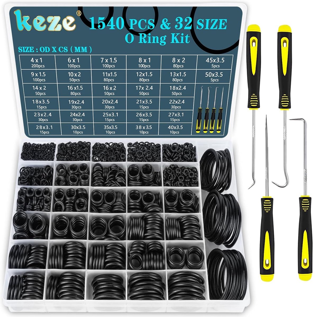 SnelShoppen - 1540 Stukken Rubber O-Ringen Assortiment Set - 32 Maten, Voor Taps, Hogedrukreinigers, Auto Reparaties, Lucht- en Gasafdichtingen