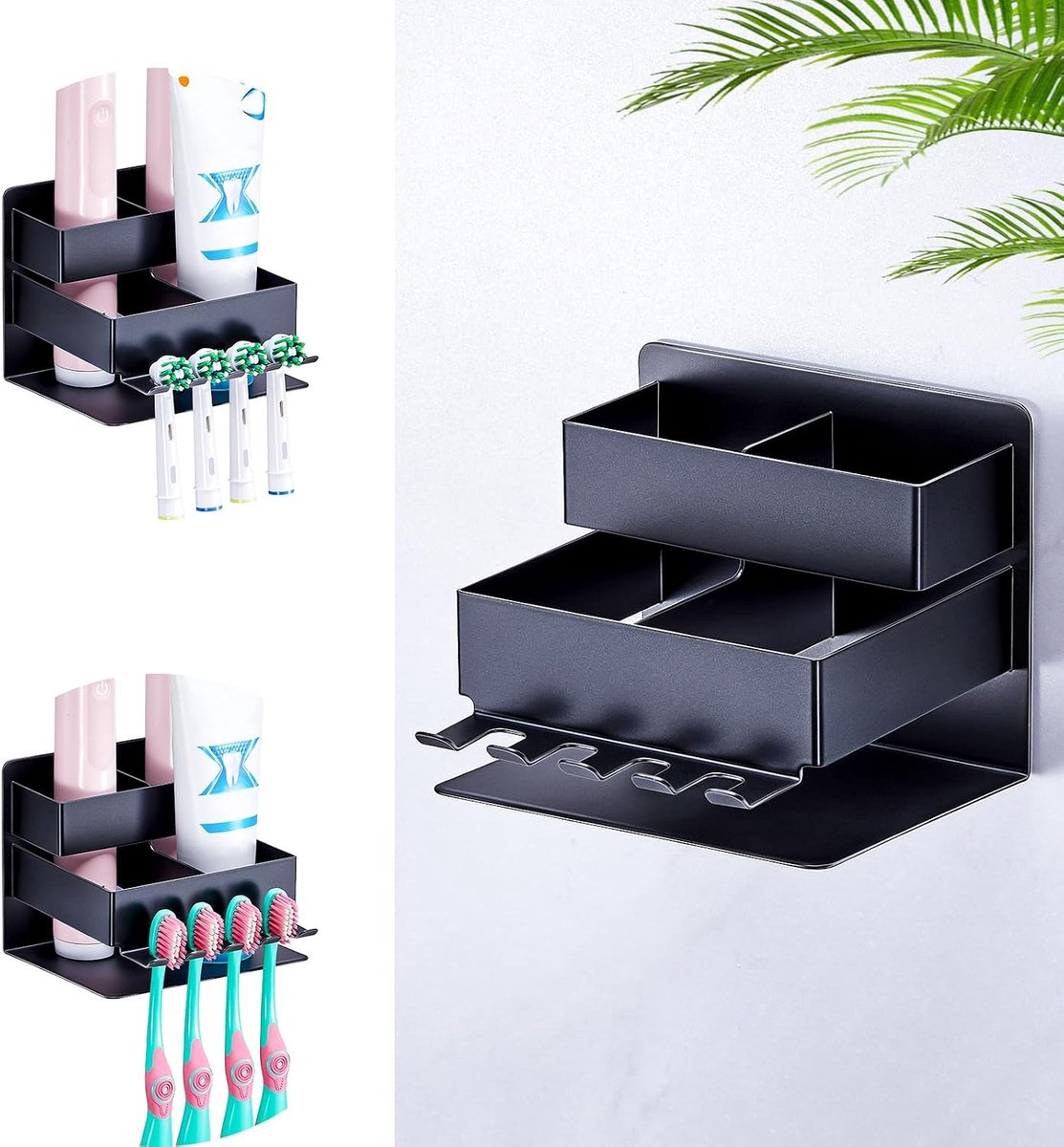 SnelShoppen - Toothbrush Holder, Elektrische Tandenborstel, Wandmontage zonder Boren, Brush Head Holder, Opberghouder, Zwart, Voor 4 Tandenborstels en
