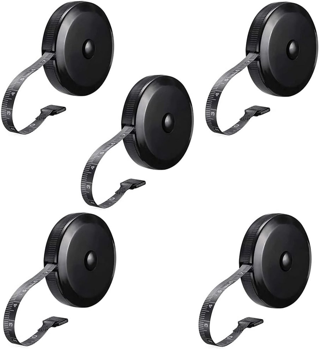 SnelShoppen - Pack van 5 2-zijdige meetlinten, 60 inch / 150 cm, zwart, flexibel, duurzaam, ideaal voor lichaam meten, naaien, en handwerken