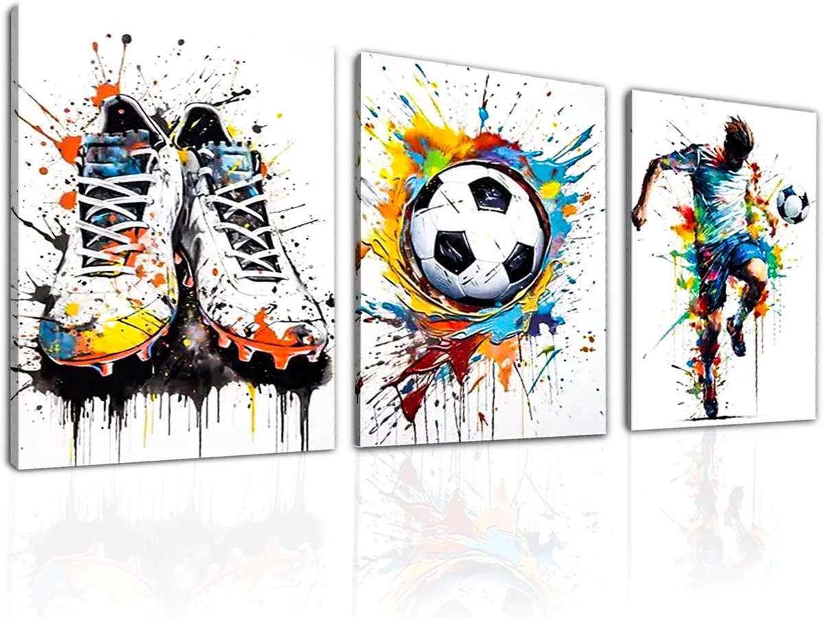 SnelShoppen - Set van 3 Graffiti Muren - Voetbalschoenen, Bal en Speler - Sport Decoratie voor Jongenskamer, Speelkamer, Woonkamer - 40 x 30 cm