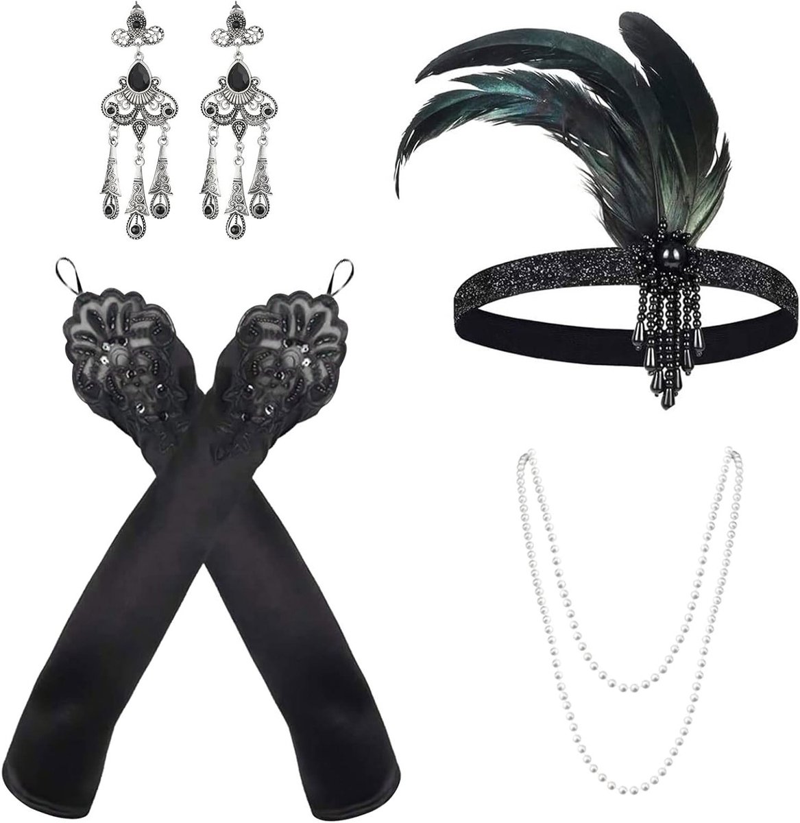 4 stuks vintage kostuumaccessoires set met Gatsby haarband, flapper oorbellen en parelketting voor een stijlvolle retro look