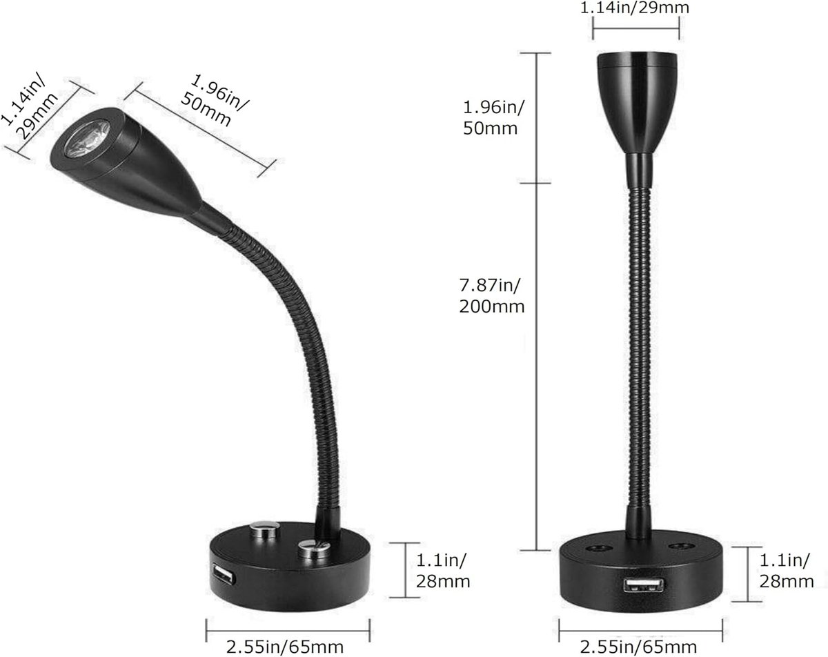 SnelShoppen - 12V RV Leeslampen met USB Poort - 3 Kleurtemperaturen, Continue Touch Dimming - Flexibele Gooseneck 360° voor Motorhomes, Caravans, Bot