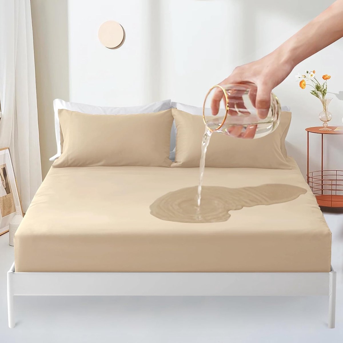 SnelShoppen - Waterdichte Matrasbeschermer 200x200 cm Geschikt voor Kinderen en Volwassenen - Ademend Fitted Sheet - Incontinentie Bescherming - Sand
