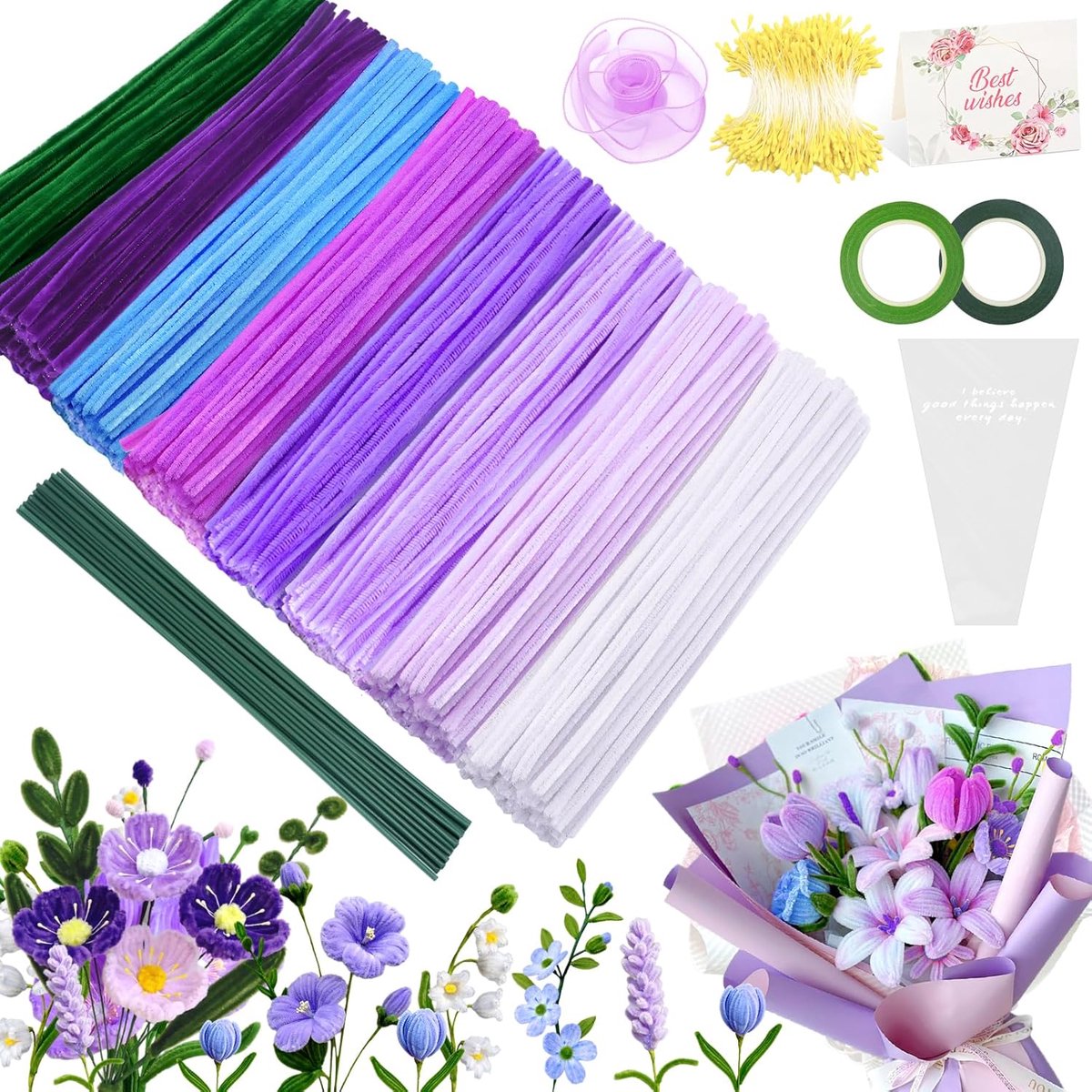SnelShoppen - Pipe Cleaners voor Creativiteit, 400 Stuks in 8 Kleuren, Inclusief Bloem Stamens, Bloemstelen, Groene Tapes, Fishtail Garens en Boeket T