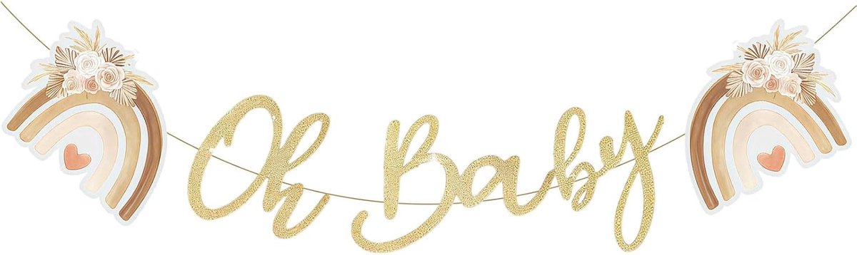 SnelShoppen - Boho Baby Party Banner Oh Baby - Gouden Glitter Script met Subtiele Regenboog en Bloemen Accenten - Unisex Decoratie voor Kinderkamer in