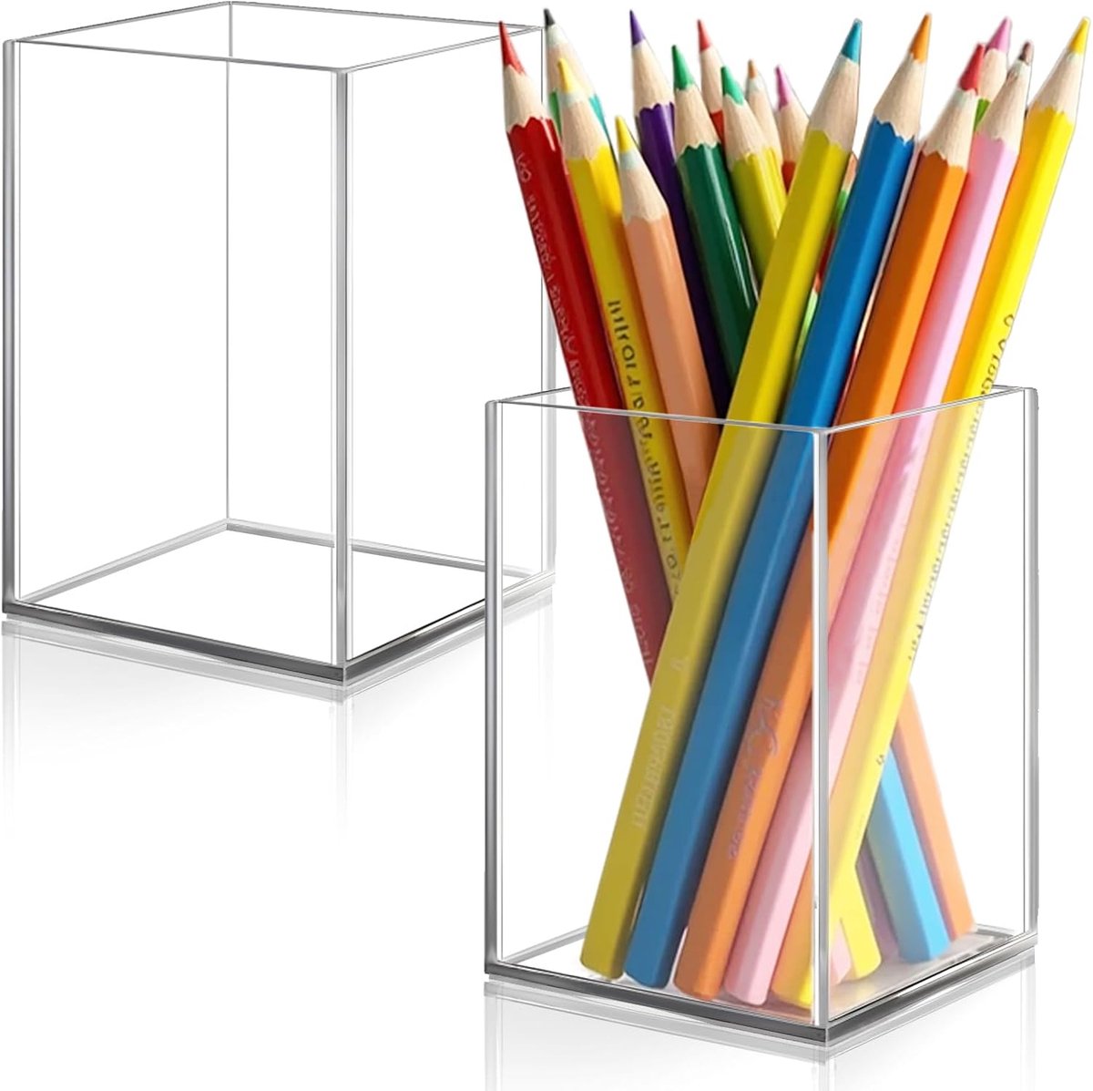 SnelShoppen - 2x Acryl Penhouder, Duidelijke Desk Organizer voor Pennen, Make-up Borstels, Kantoor en School, 7x7x10 cm, Duurzaam en Stijlvol