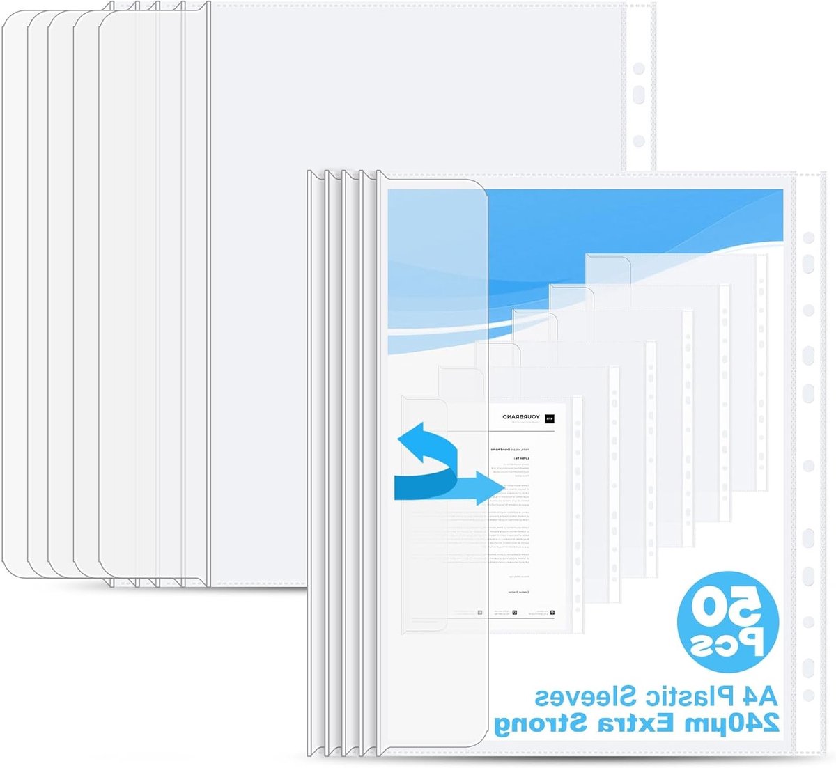 DIN A4 Documenthoezen met Flap - 50 Stuks, Transparante Brochurehoezen, 240µ Sterke Films voor Papier en Foto's, Geschikt voor Mappen en Archivering