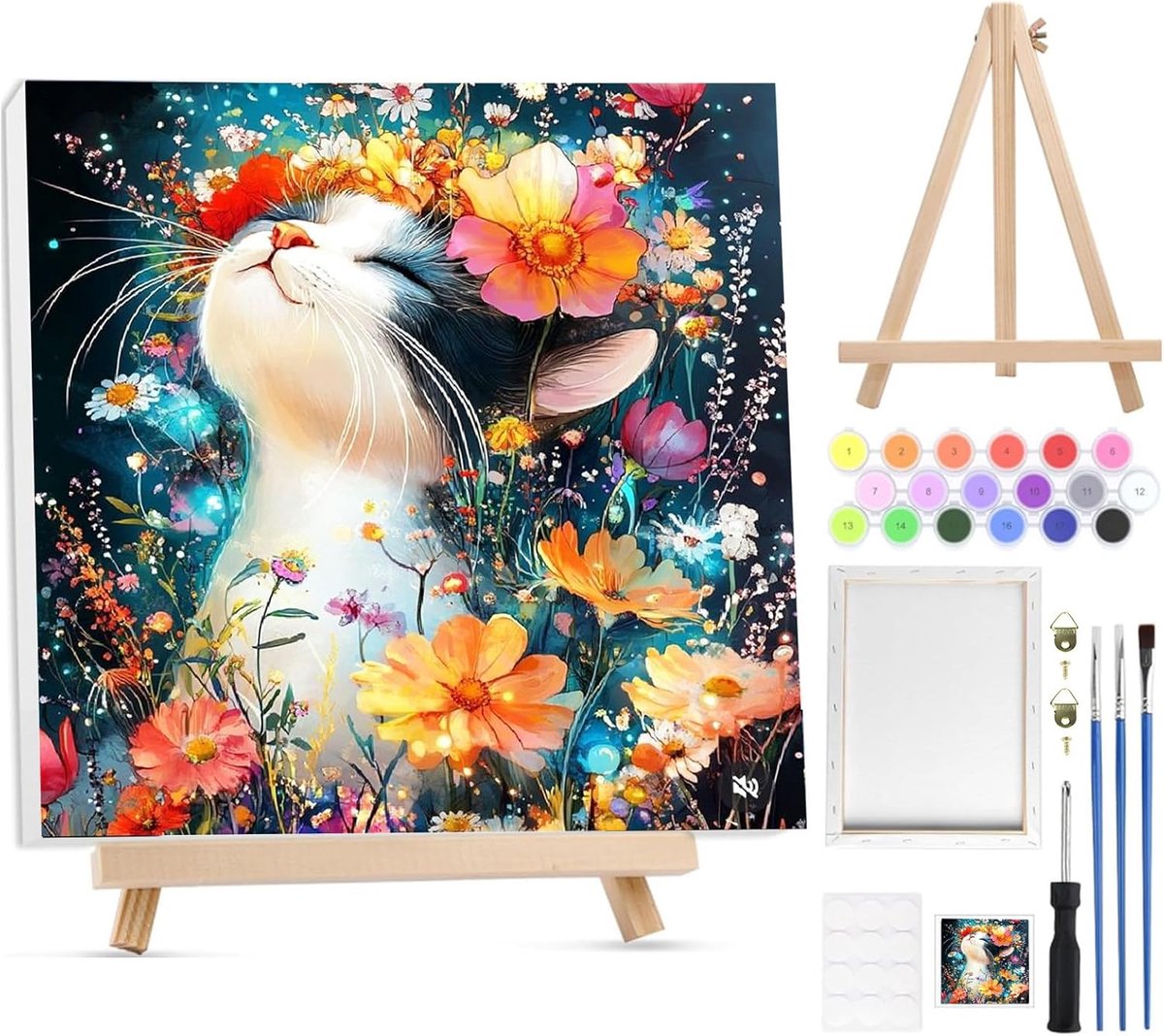 SnelShoppen - Paint by Numbers Set voor Volwassenen - Bloemen en Kat Schilderij Kit met Canvas, Houten Easel, 3 Borstels en Acrylverf - Creatieve Hobb