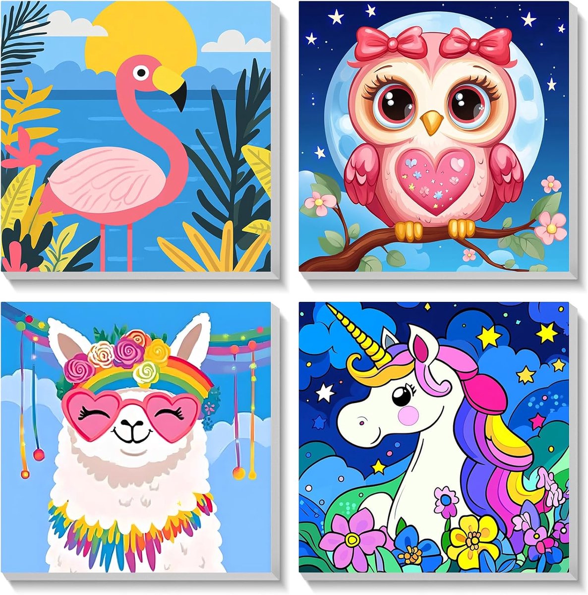 SnelShoppen - Set van 4 Schilderen op Nummer Dieren voor Kinderen en Volwassenen, Canvas Schilderen met Acryla Verf, 20x20 cm, Inclusief Houten Lijst
