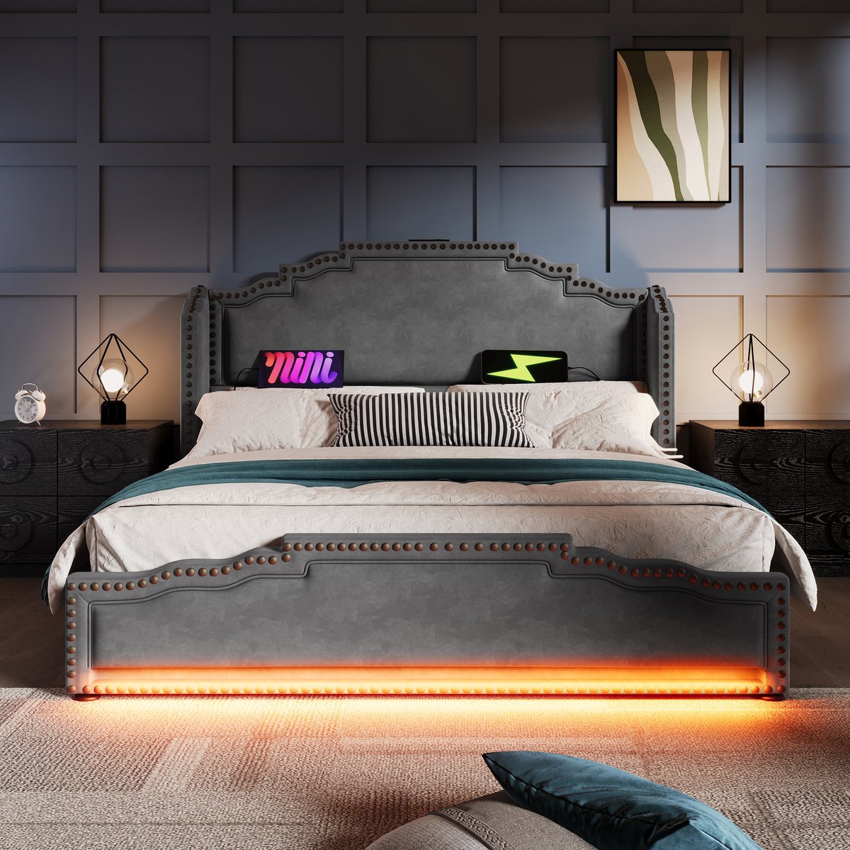 Gestoffeerd Bed 180x200 cm - Tweepersoonsbed met 4 Laden, Led en USB-C - Opbergruimte en Lattenbodem - Zonder Matras - Fluweel - Grijs