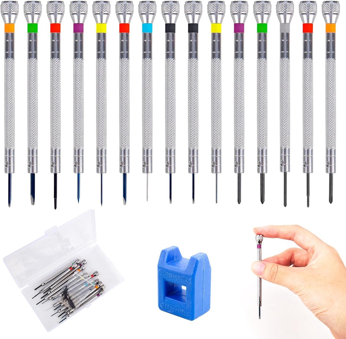 SnelShoppen - 13-delige Precisie Schroevendraaier Set voor Horlogemakers - Inclusief Demagnetiseur en Vervangbladen - 0.6mm tot 2mm - Duurzaam Gereeds