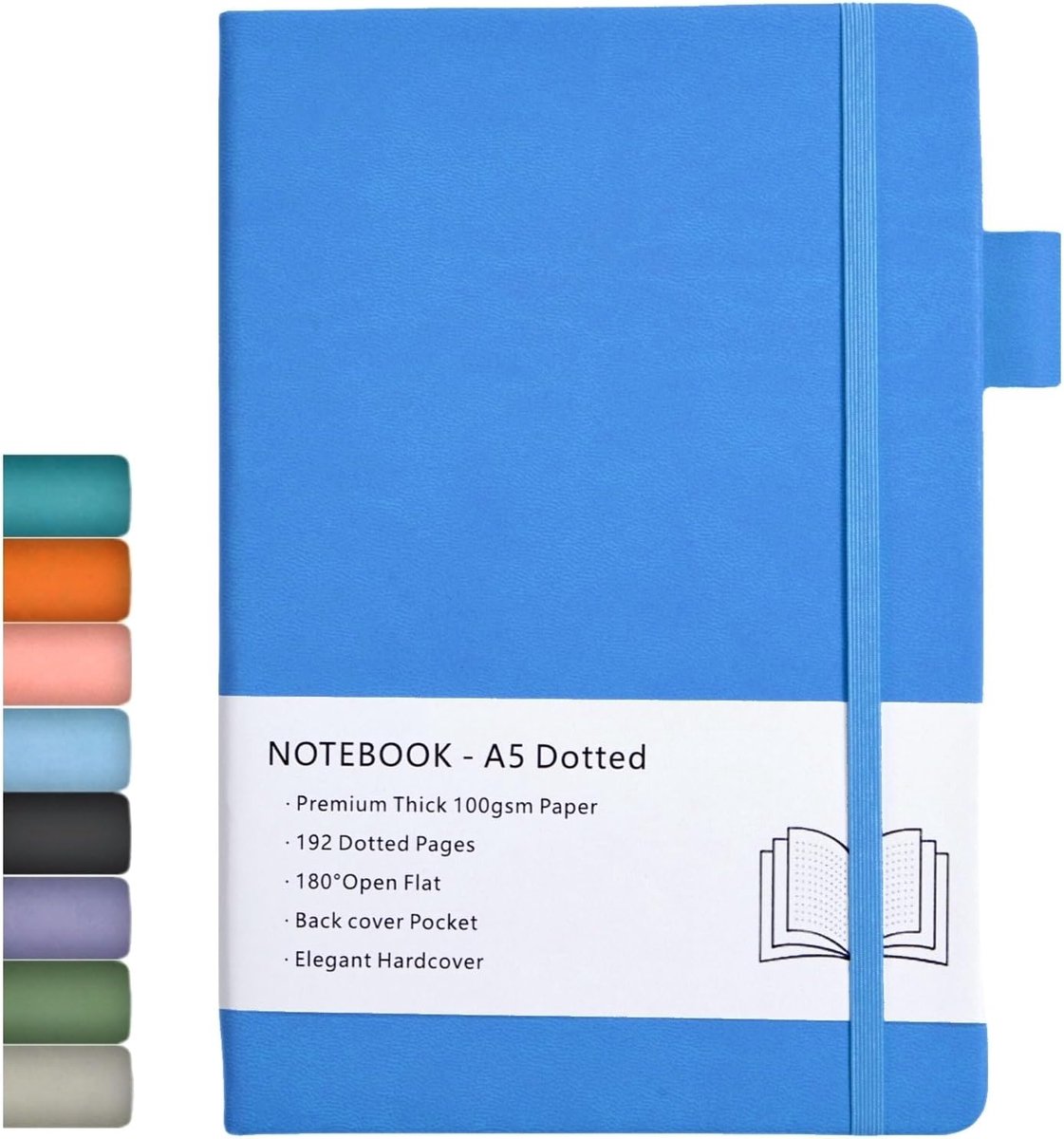 SnelShoppen - Dotted Journal A5 Notitieboek met Hard Cover, 192 Bladzijden, 100GSM Papier, Penlus, Binnenzak, Elastische Faux Leer, Azur Blauw