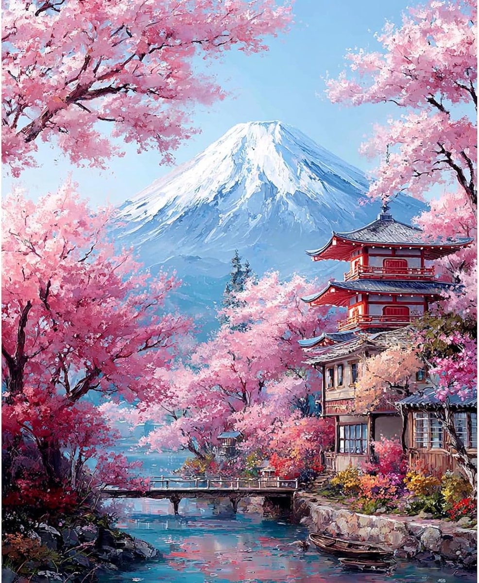 SnelShoppen - Schilderen op Nummer voor Volwassenen - NEWENMO Mount Fuji Kersenbloesem Canvas Set 40x50cm - DIY Olieverf Ambachten voor Huisdecoratie