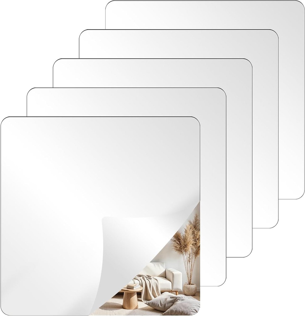 Set van 5 Zelfklevende Acryl Spiegels 20 x 20 cm, Flexibele Spiegeltjes, Breukbestendige Wanddecoratie, Ideaal voor Kasten en Interieurdecoratie