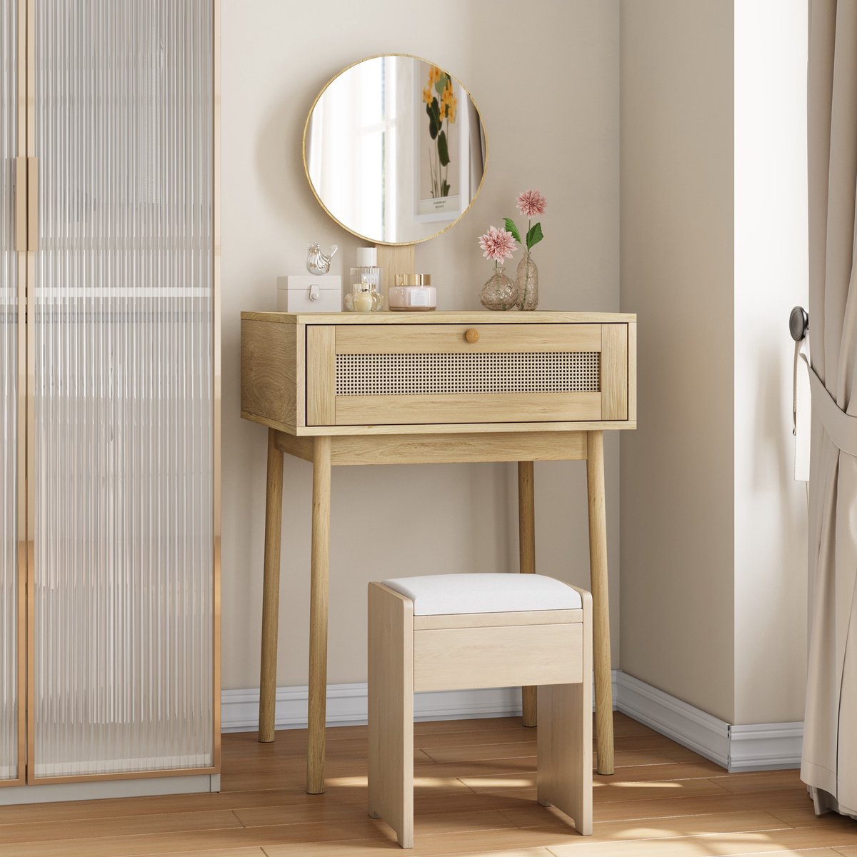 PHOEBE CAT Kaptafel - Compact model - Met spiegel - Rieten lades - Naturel(zonder stoel)