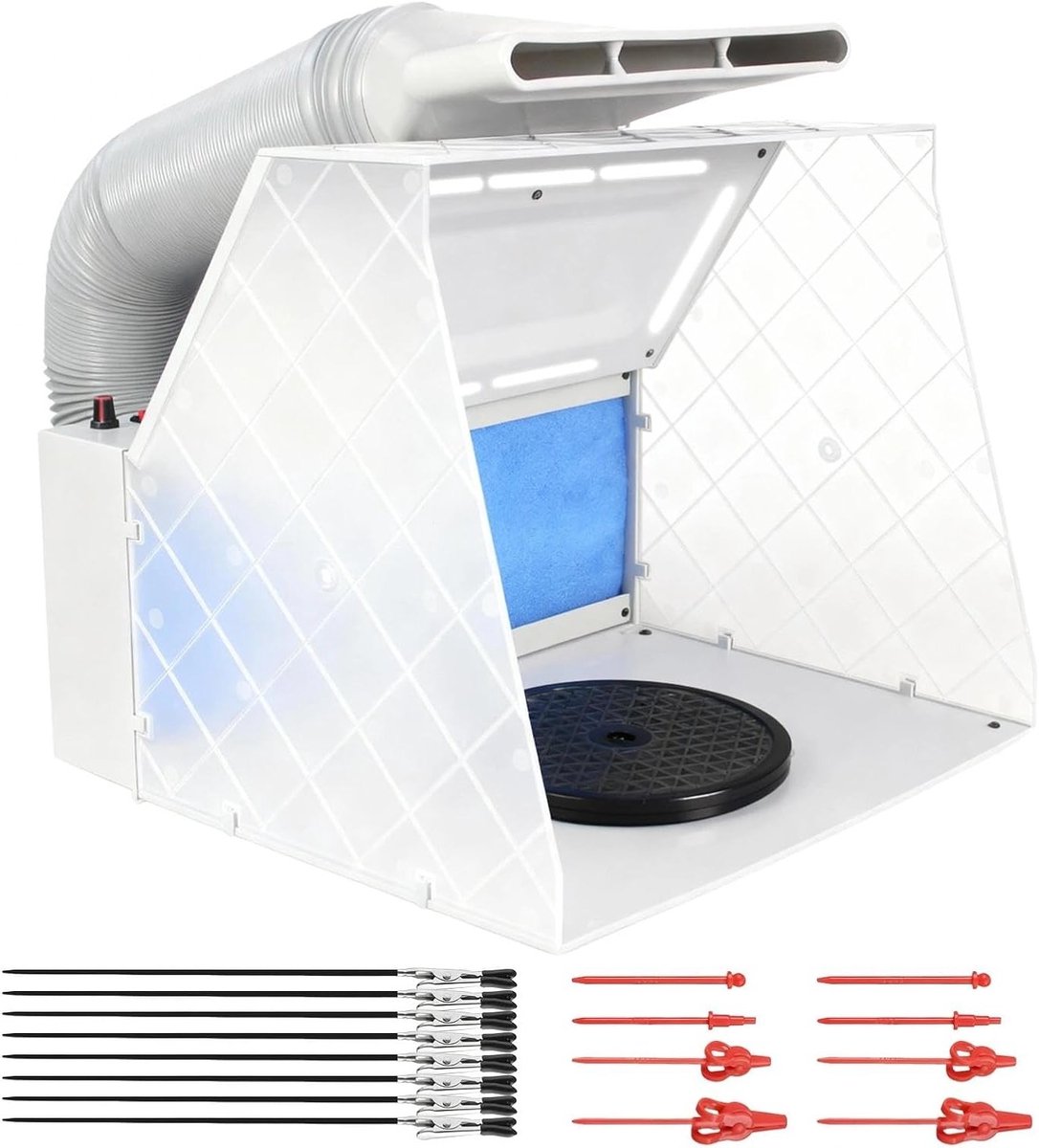Airbrush cabine met verstelbare krachtige ventilator en 4 LED-lampen, 2-laags filter en draaiplateau voor modelbouw, schilderen en knutselen