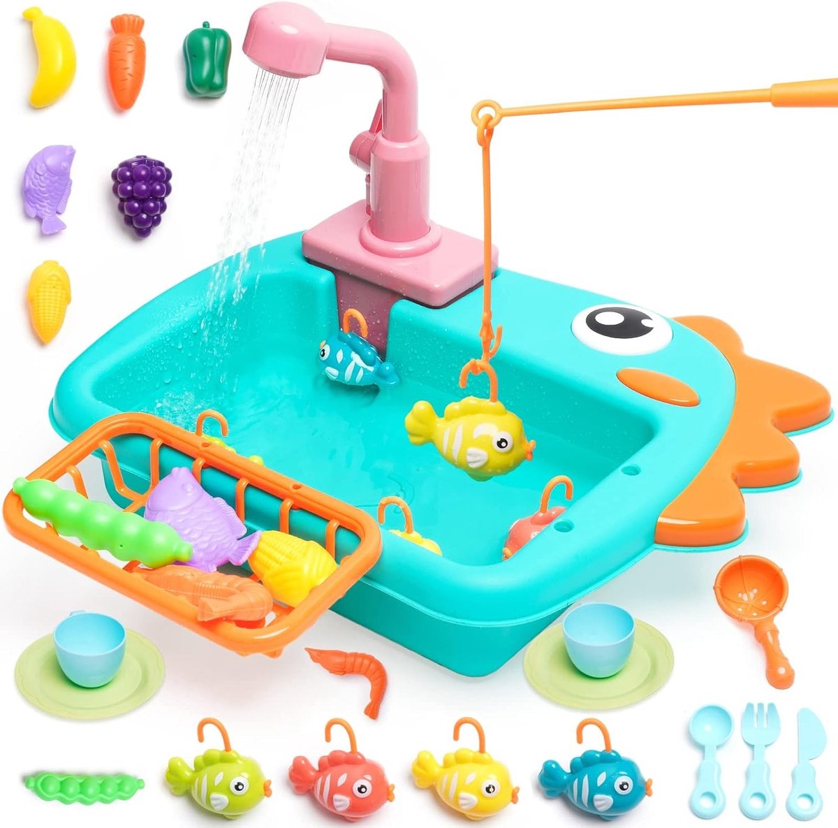Speelkeuken Afwas Set met Vissen Spel, Keukengerei, Werkende Kraan en Educatieve Speelaccessoires voor Kinderen