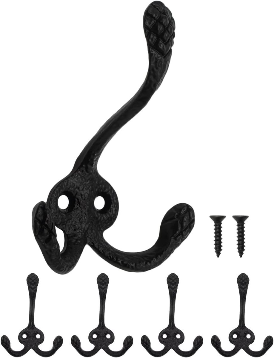 SnelShoppen - Set van 5 Fuxxer Rustieke IJzeren Haakjes - Kledinghaken, Gietijzer Design, Zwart, Antiek Retro, Voor Keuken, Kasten, Deuren