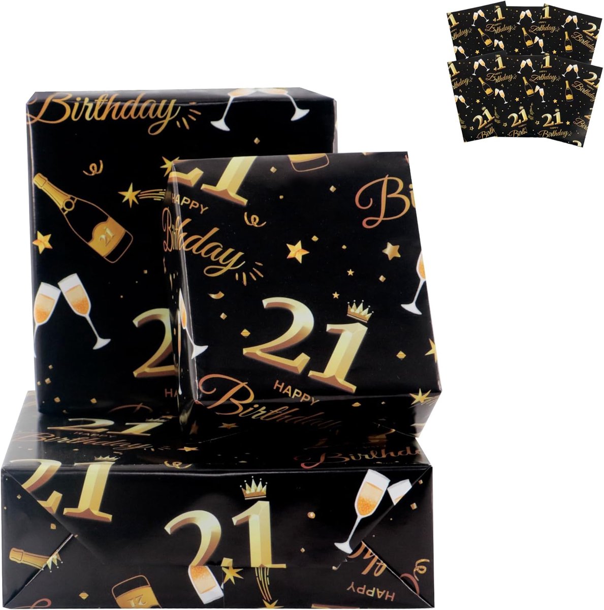 SnelShoppen - 6 Vellen Inpakpapier 21e Verjaardag Zwart Goud 70x50 cm - Happy Birthday Decoratie - Recyclebaar Feestpapier voor Jongens en Meisjes