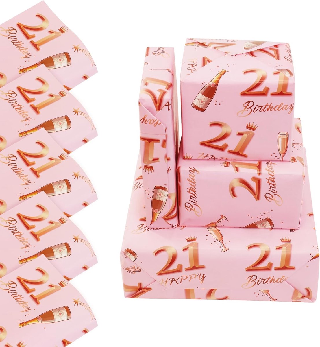 SnelShoppen - Inpakpapier 21e Verjaardag Roségoud Roze 5 Vellen 70x50 cm - Happy Birthdays Cadeaupapier voor Meisjes en Vrouwen - Recyclebaar Feestdec