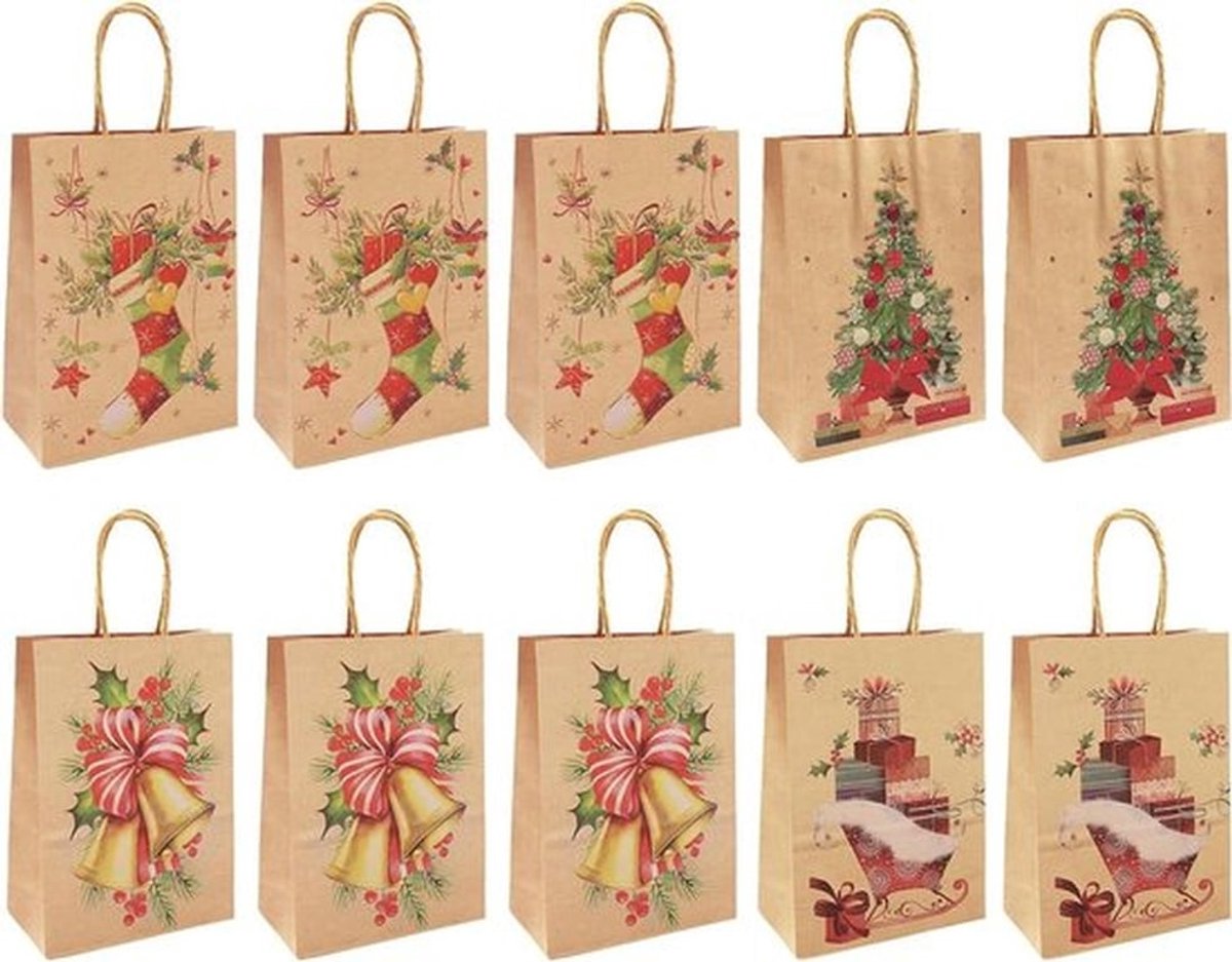 Kerst Kraft Geschenkzakjes - Feestartikelen voor Cadeaus - Set van 10 - Hengsel - 21x15x8 cm