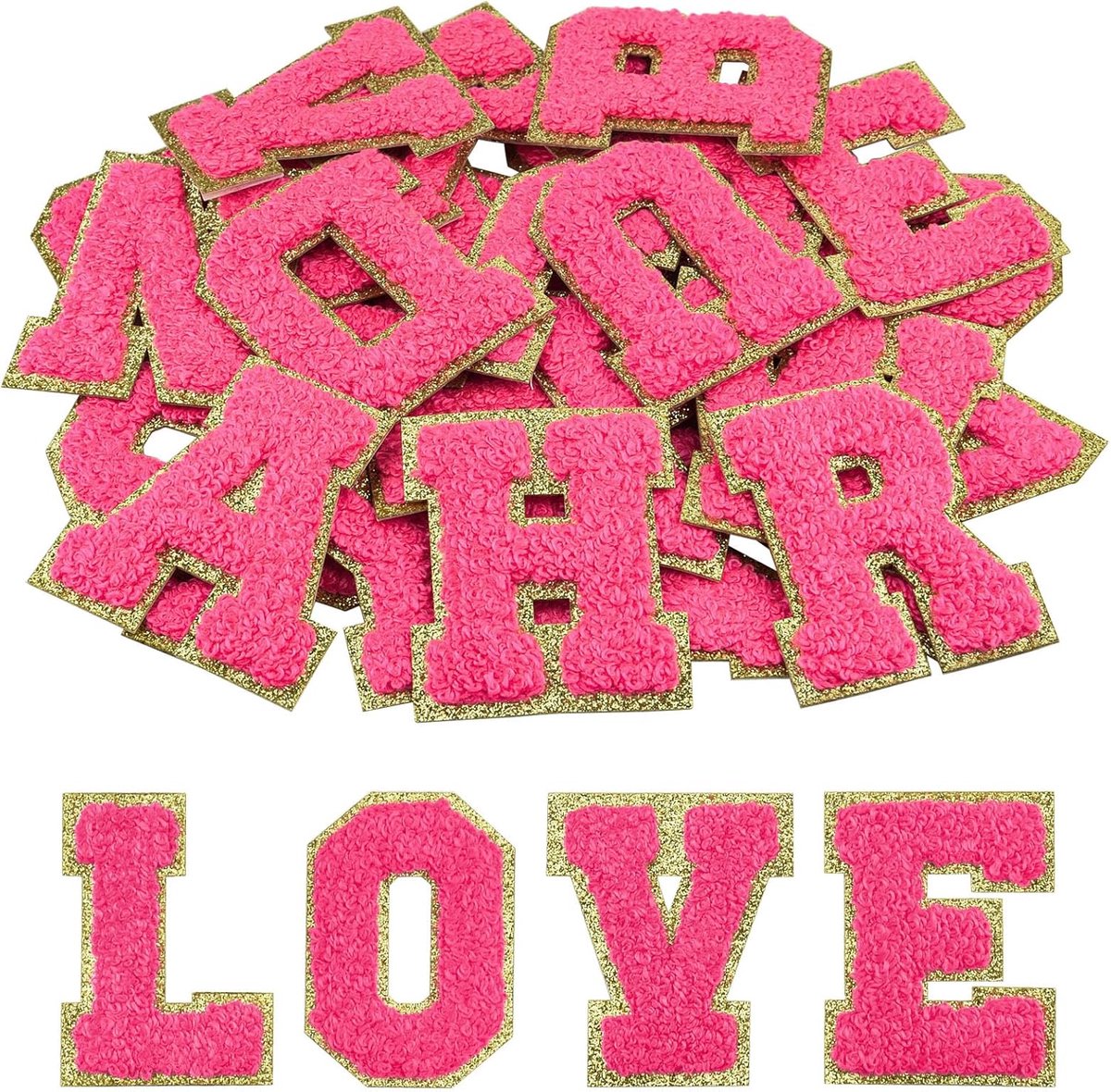 SnelShoppen - Morcheiong Chenille Zelfklevende Patches A-Z voor Kleding, Tassen, Schoenen, DIY, Lichtrood met Gouden Rand, 26 Stuks, Persoonlijker Jou