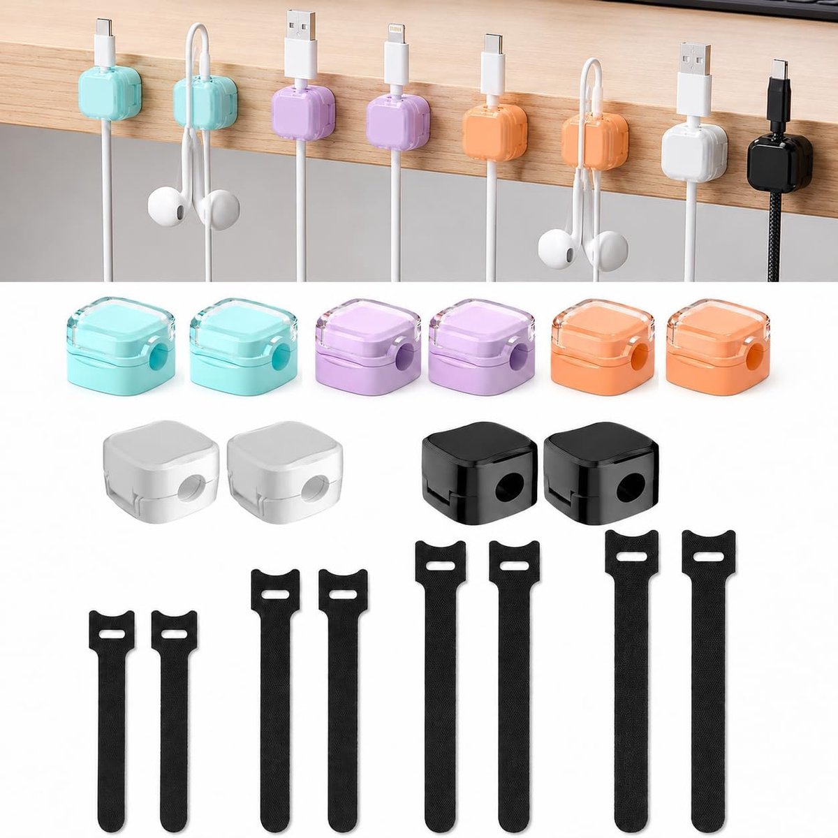 SnelShoppen - 10 Magnetische Kabelhouders + 8 Zelfklevende Kabelbinders - Kabelorganizer voor Bureau, Thuis, Auto - Oplaad-, USB-, HDMI-kabels - Diver