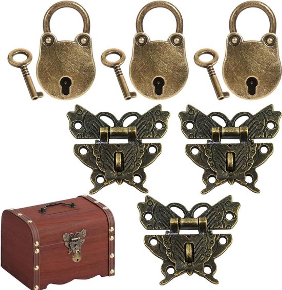 Antieke Hangsloten Set voor Houten Kasten en Sieradendoos - Vintage Stijl, Mini Formaat - 3 stuks