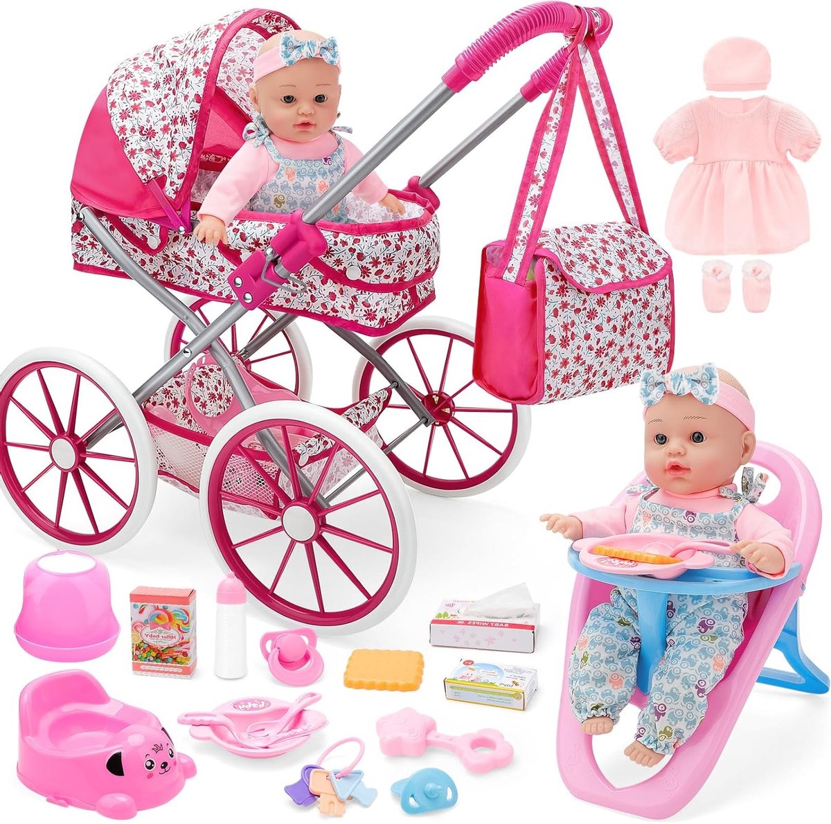 Complete Baby Kinderwagen met 31 cm Poppen, Accessoires, Kleding en Speelgoed voor Kinderen vanaf 3 Jaar