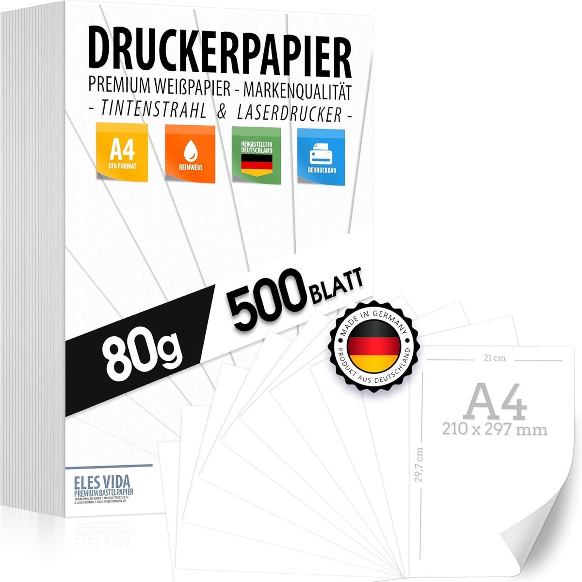 SnelShoppen - A4 Printerpapier 80 g Wit - 500 Vellen Premium Papier - Perfect voor Laser en Inkjet, Kopieerapparaat, Universitaire Presentaties, Fotog