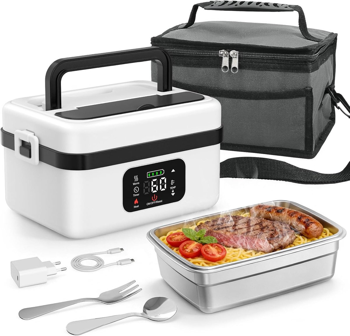 SnelShoppen - Electric Lunch Box 1 Liter - Intelligente Warming Box met Accu, Programmeerbare Temperatuur en Tijd, LED Display, Inclusief Bestek en Is