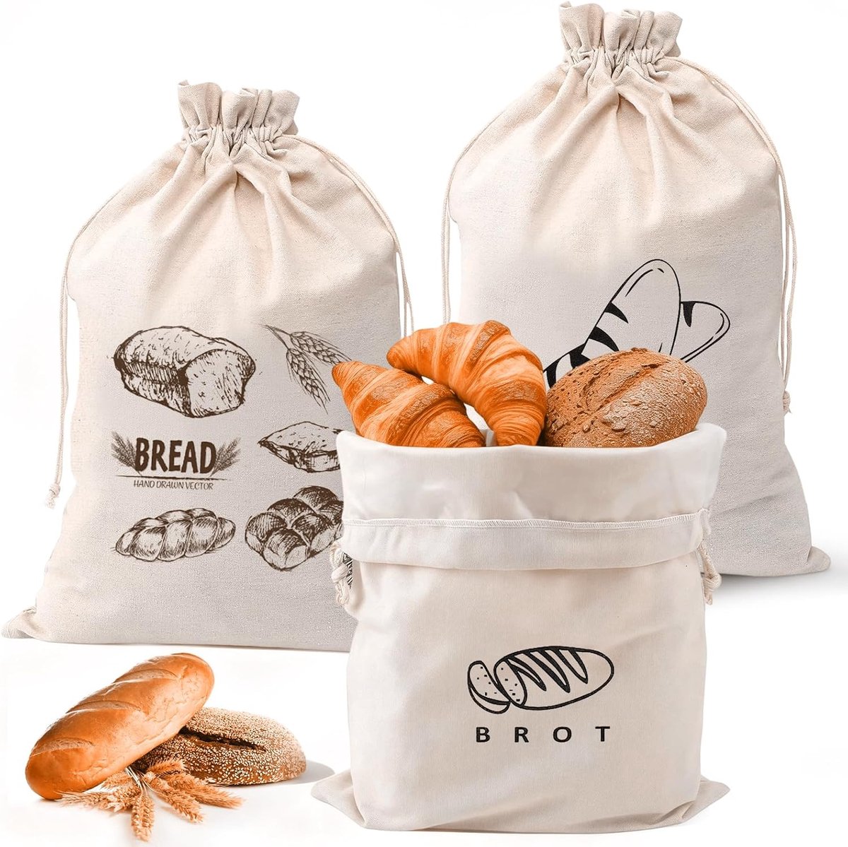 SnelShoppen - Set van 3 Natuurlijk Linnen Broodzakken Ongebleekt voor Verse Broodopslag, Baguette en Groenten - 30 x 40 cm, Ideaal voor Keuken en Bakk