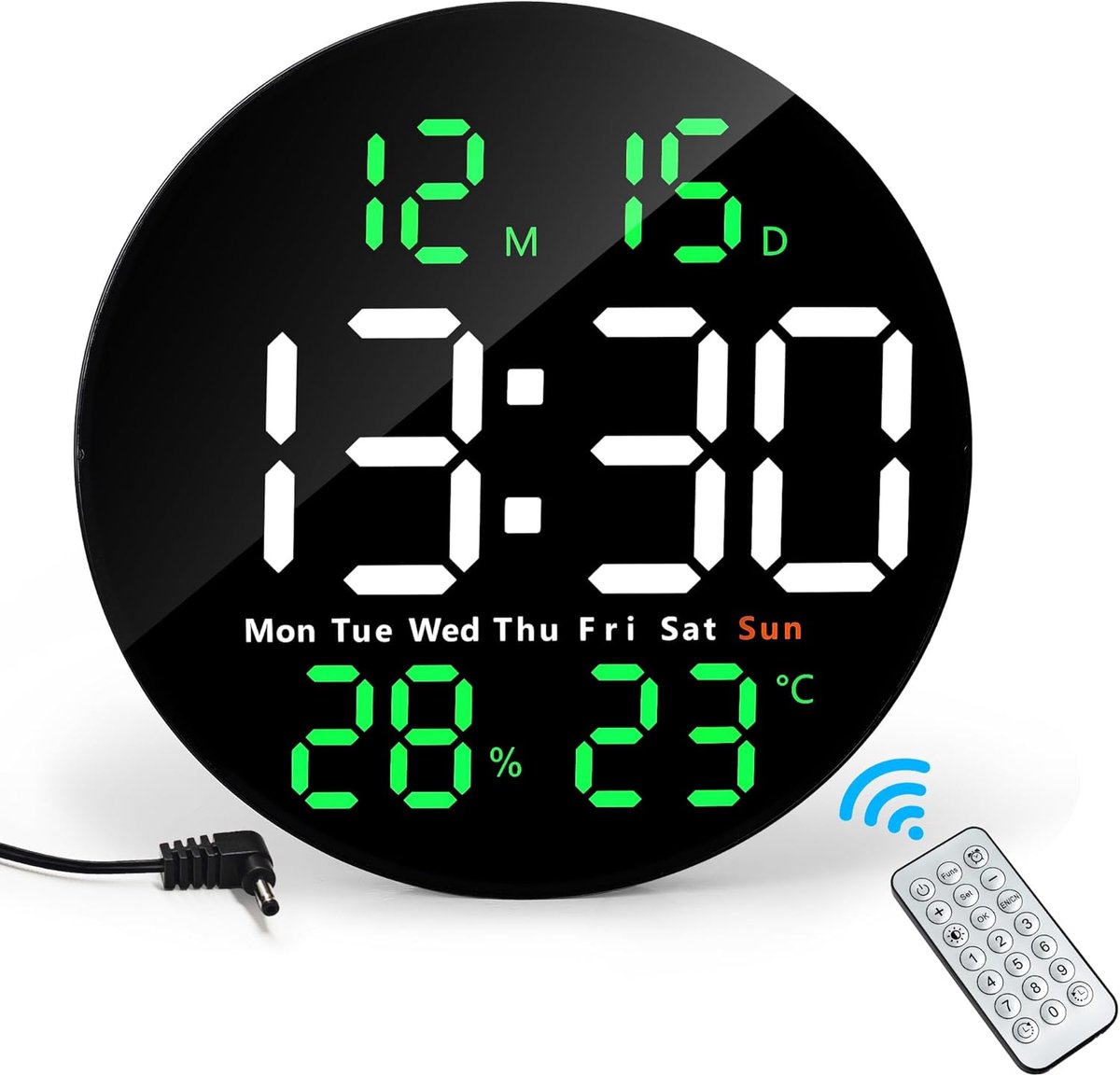 SnelShoppen - 25 cm Digitale LED Wandklok - Grote Ronde Elektronische Muurklok met Afstandsbediening - Temperatuur, Datum, Countdown, 2 Alarmen voor W