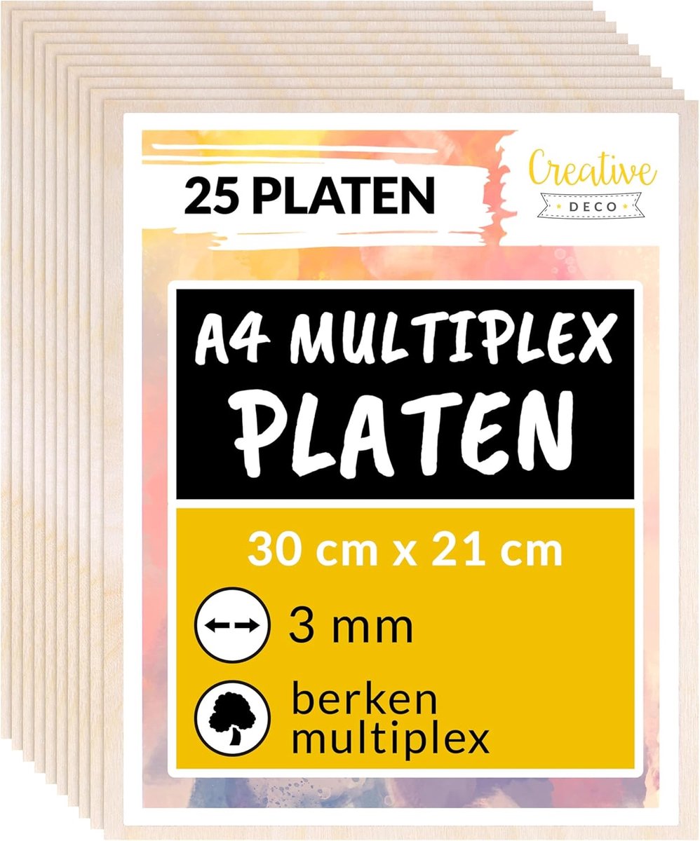 SnelShoppen - 25 A4 Houten Platen 3mm - Birkensperrholz voor Pyrographie, Laser Cutting, CNC Router, Modelbouw, Fretwerk, Roller Saw - 300x210mm